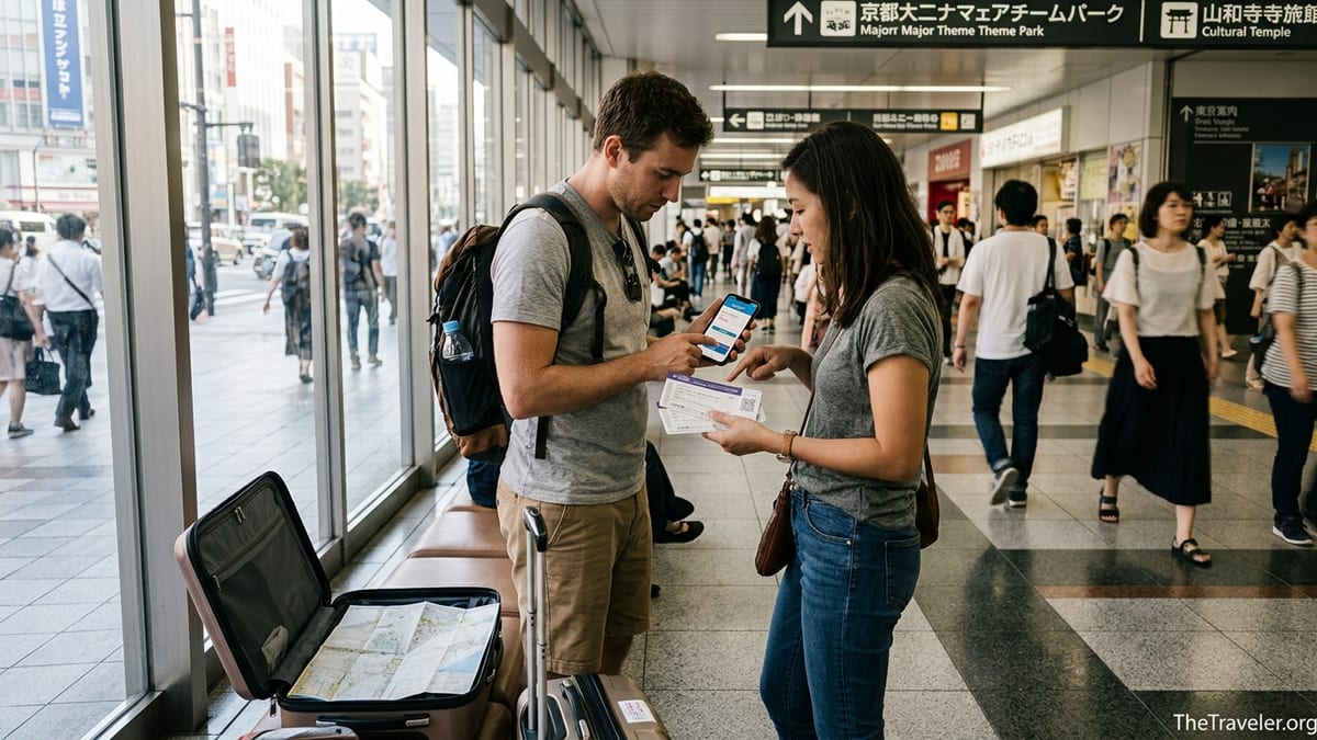 Travelers in an Asian city hub checking tour bookings on a phone