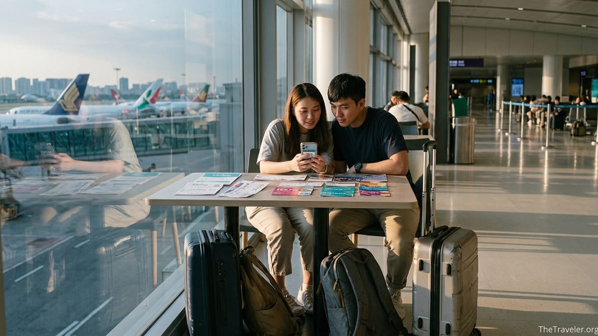 Travelers at an airport table reviewing KKday attraction tickets on a smartphone.