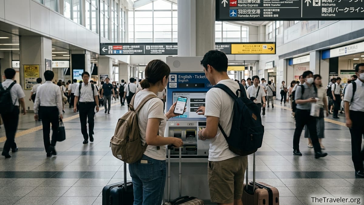 Travelers compare KKday vouchers to ticket options at a busy Tokyo train station.