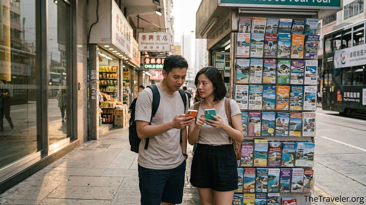 Two travelers compare tour booking apps on their phones in a busy Asian city street.