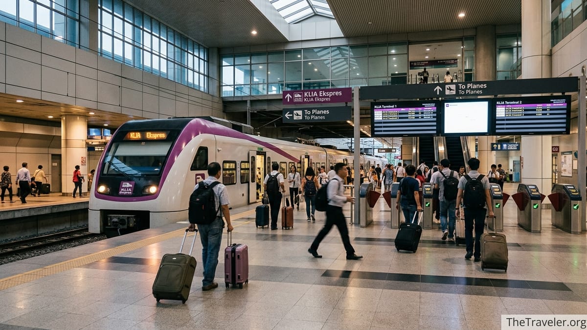 Passengers with luggage boarding a KLIA Ekspres train at KL Sentral station platform.