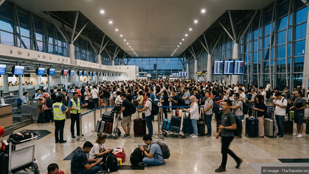 Crowded check in area at Kuala Lumpur International Airport after baggage delays.