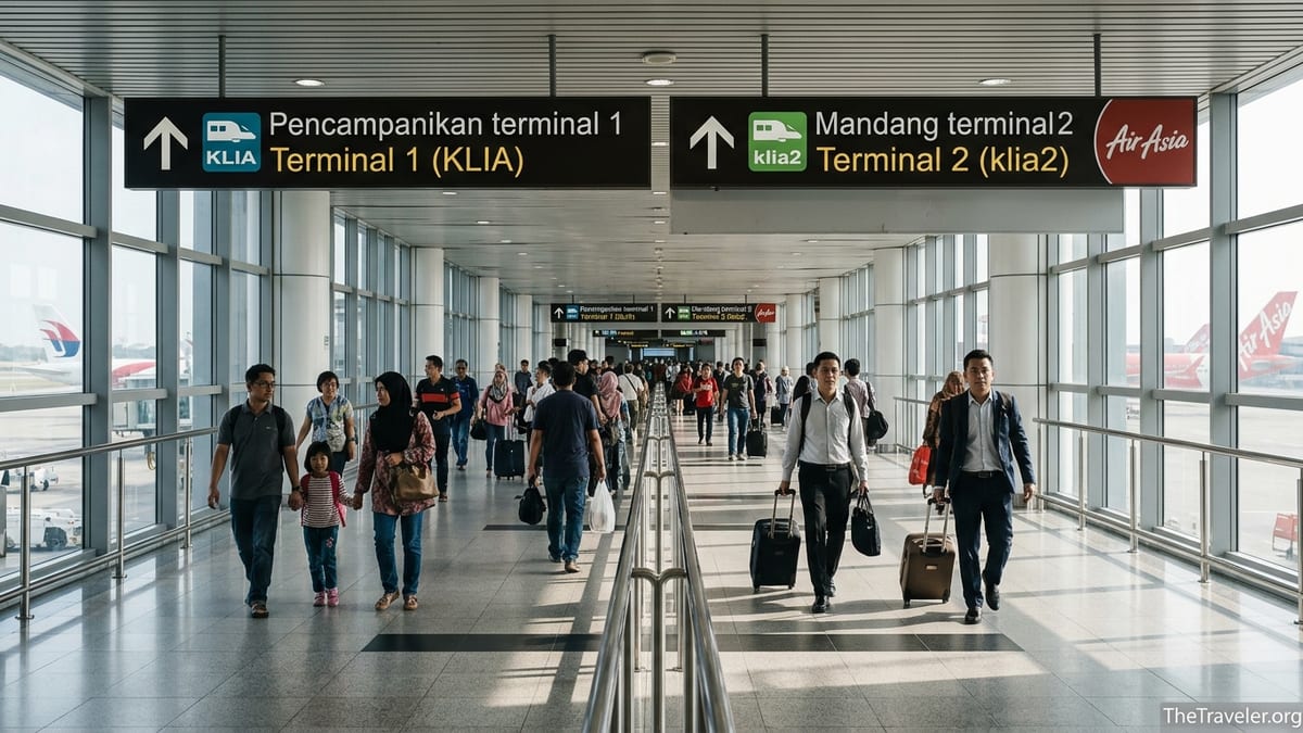 Interior of Kuala Lumpur International Airport with signs pointing to Terminal 1 and Terminal 2.