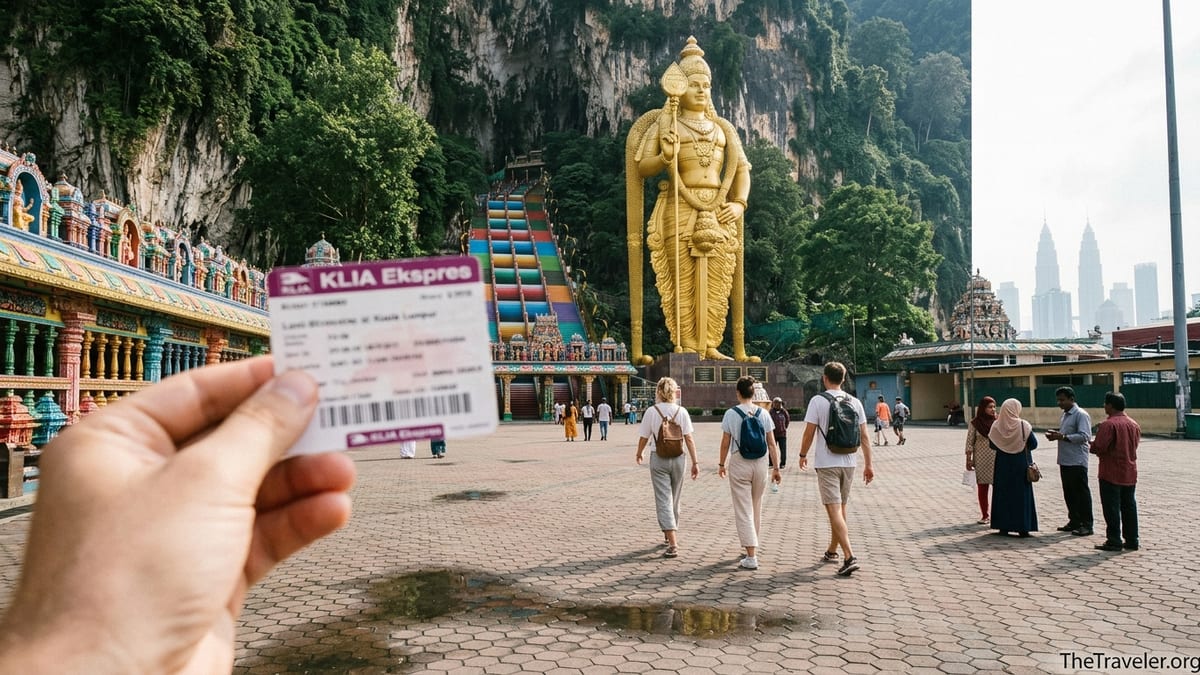 Traveler holding KLIA Ekspres ticket in front of Batu Caves staircase and Lord Murugan statue.