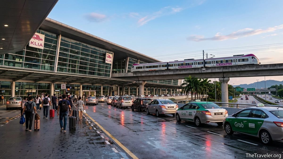 Arrivals curb at Kuala Lumpur International Airport with train tracks and taxis at dusk.
