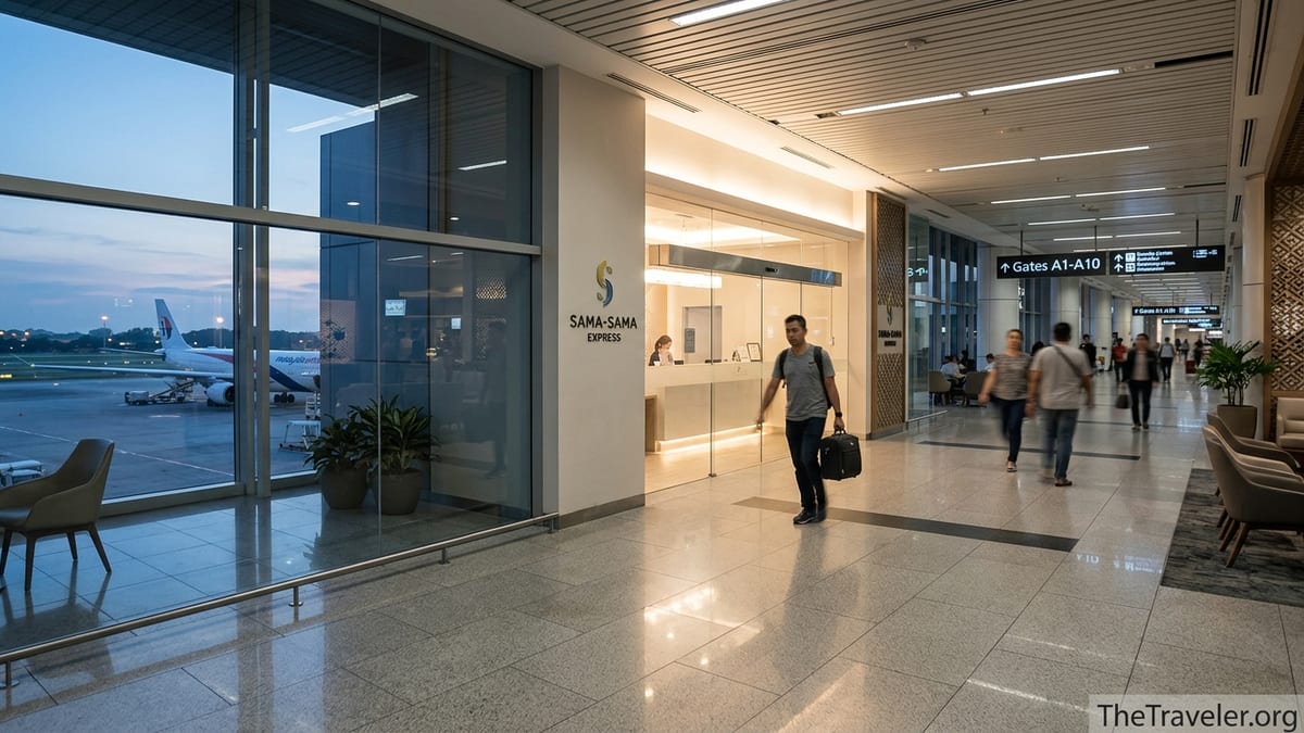 Passenger walking toward Sama-Sama Express transit hotel inside Kuala Lumpur International Airport terminal at dusk.