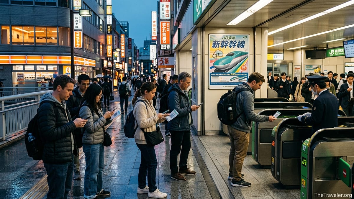 Travelers in an Asian city scanning QR tickets at a busy train station in the evening.