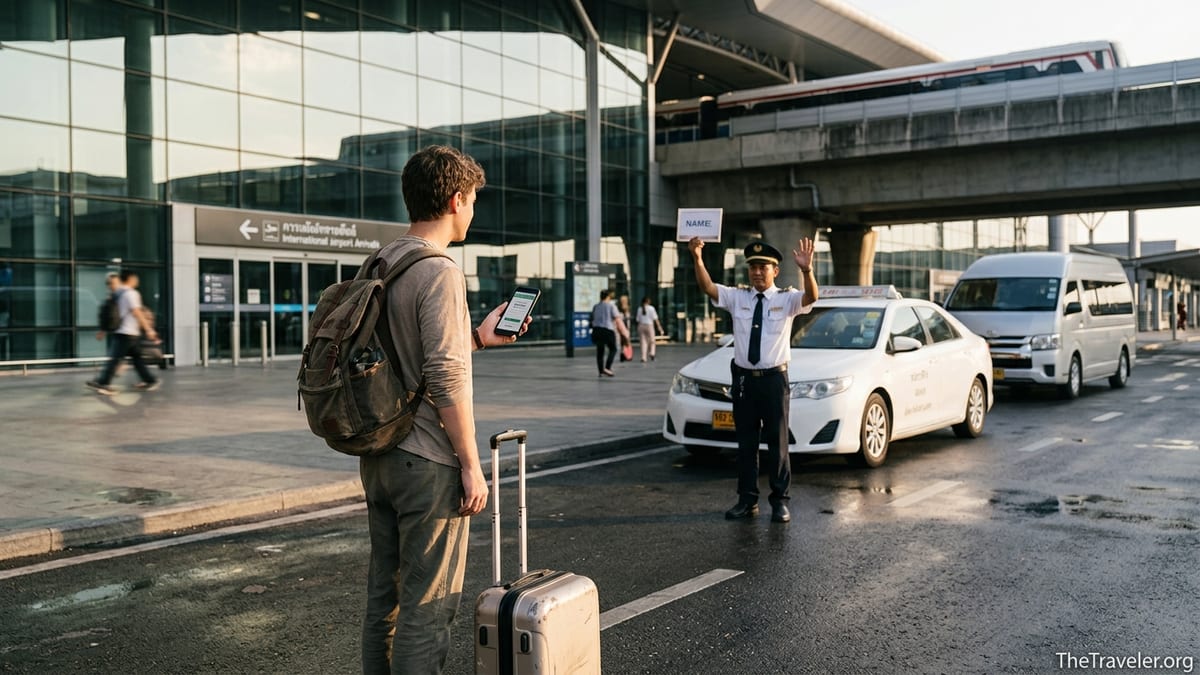 Traveler using a phone booking to meet an airport transfer driver outside a modern Asian terminal.