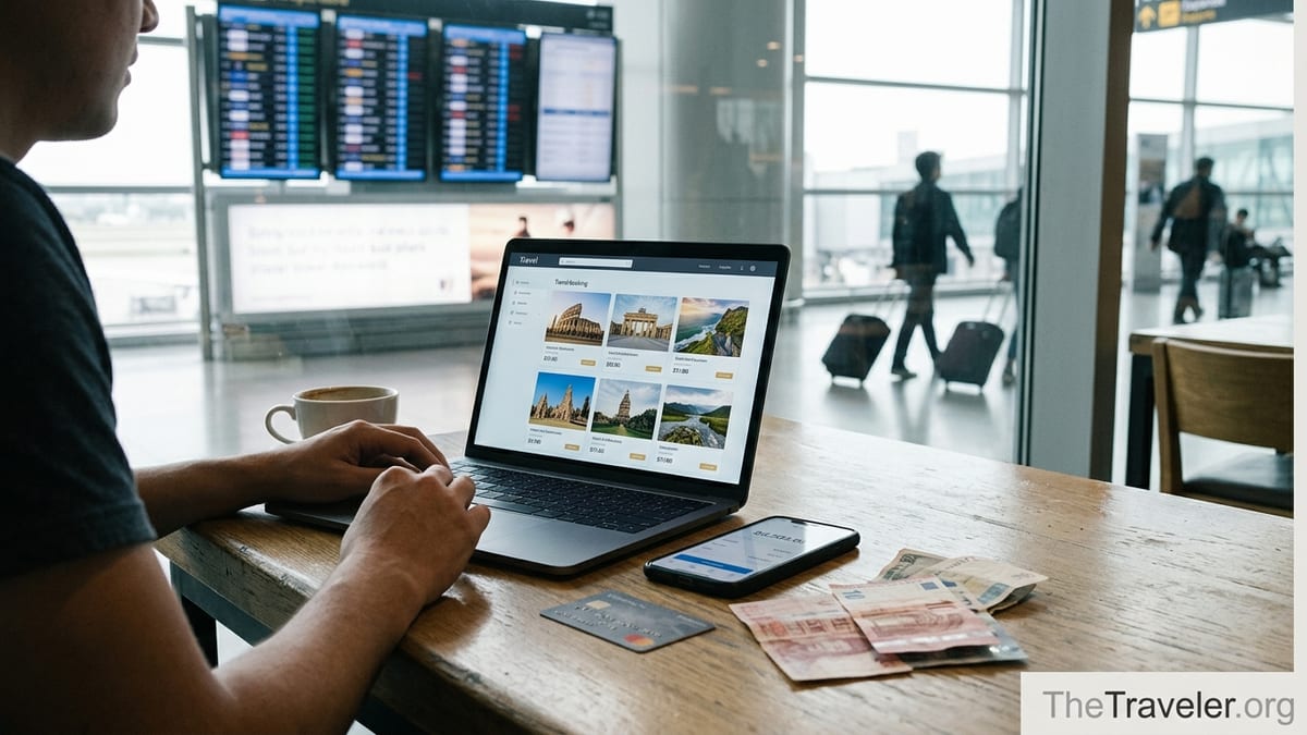 Traveler checking prices and currency conversions on laptop and phone at an airport café.