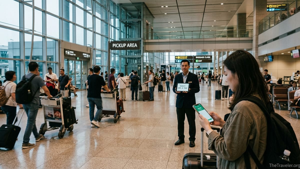 Traveler at an Asian airport arrivals hall meeting a driver while checking a booking app on a phone.