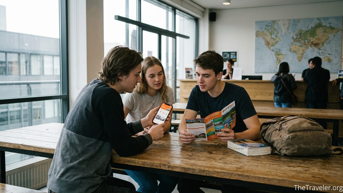 Travelers in a hostel comparing an activity booking app with a local tour brochure.