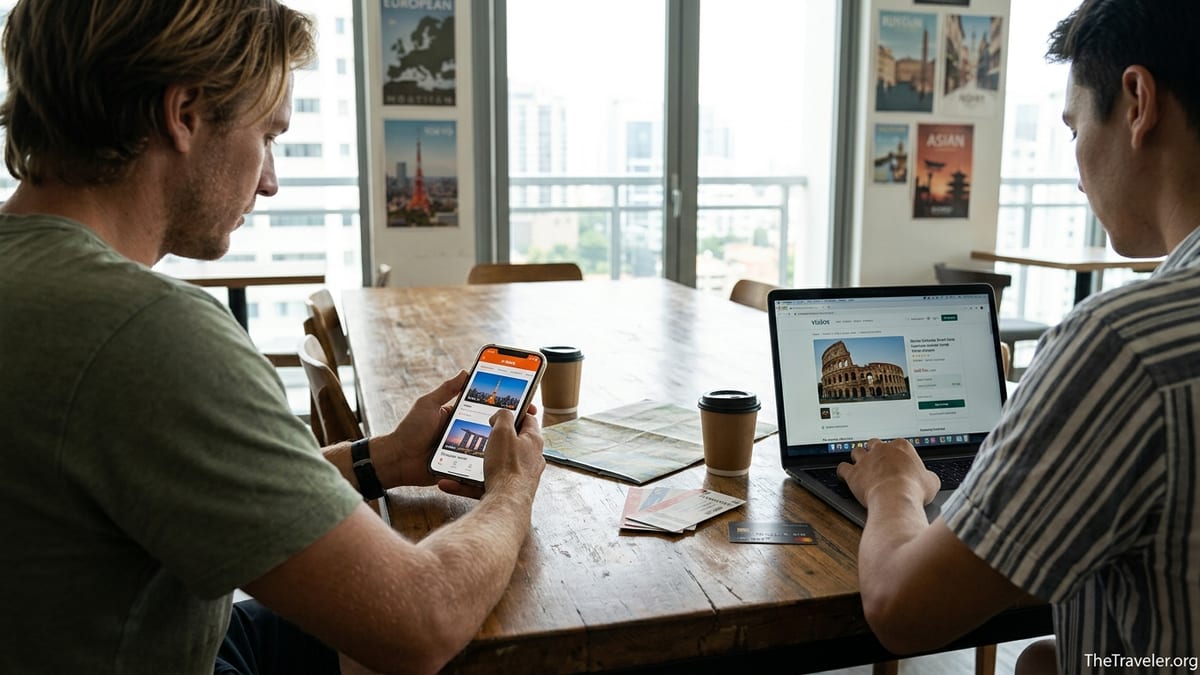 Two travelers comparing Klook and Viator deals on a phone and laptop while planning a trip.