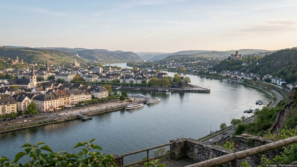 Panoramic view of Koblenz city and Lahnstein town at Rhine-Moselle confluence.