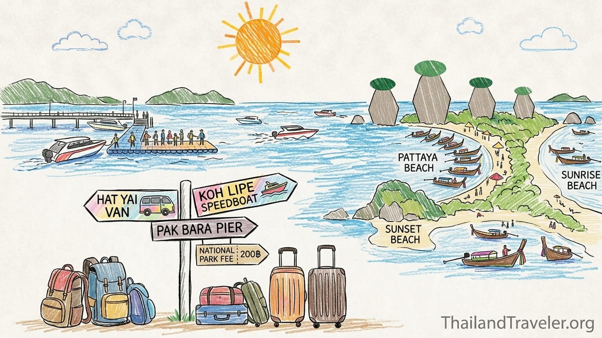 Aerial view of Sunrise Beach on Koh Lipe with turquoise water, white sand and longtail boats.