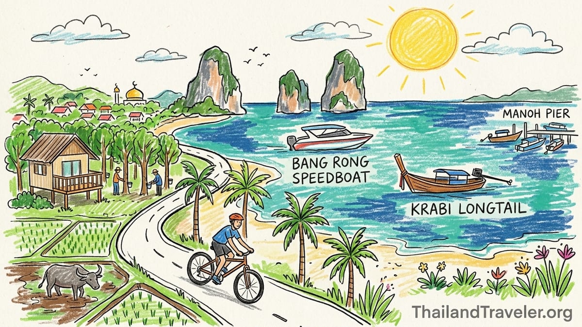 Cyclist on a quiet coastal road beside low-tide beach and limestone karsts on Koh Yao Noi at sunrise.