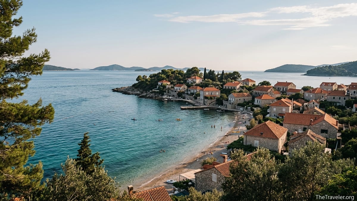 Harbor village and beach in Donje Čelo on car-free Koločep Island near Dubrovnik.