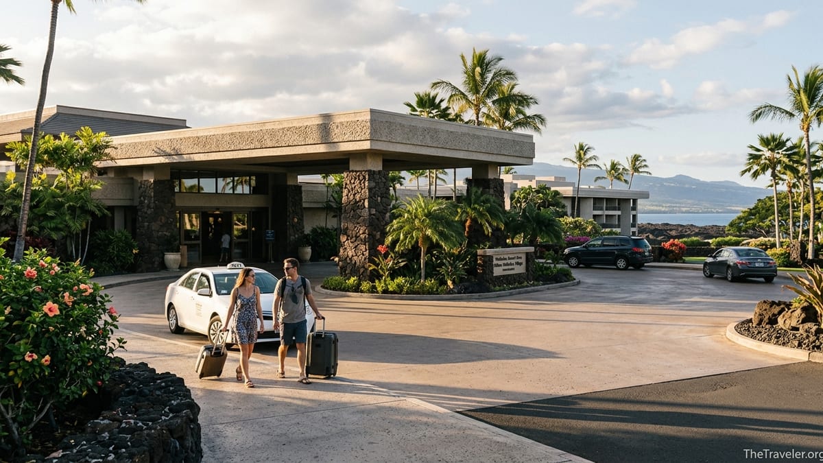Travelers arriving by car at Hilton Waikoloa Village from Kona Airport in late afternoon.