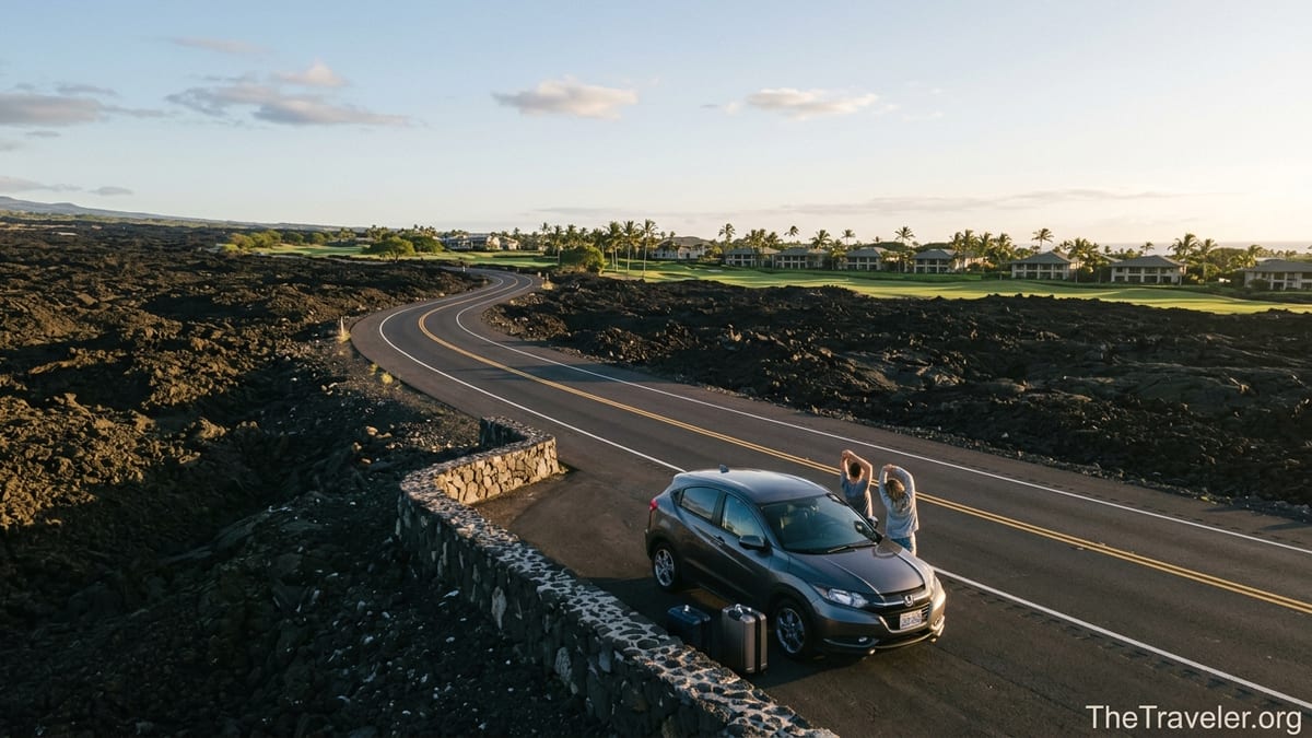 View of Kona coastal highway across lava fields toward Waikoloa resort with parked rental car and luggage.