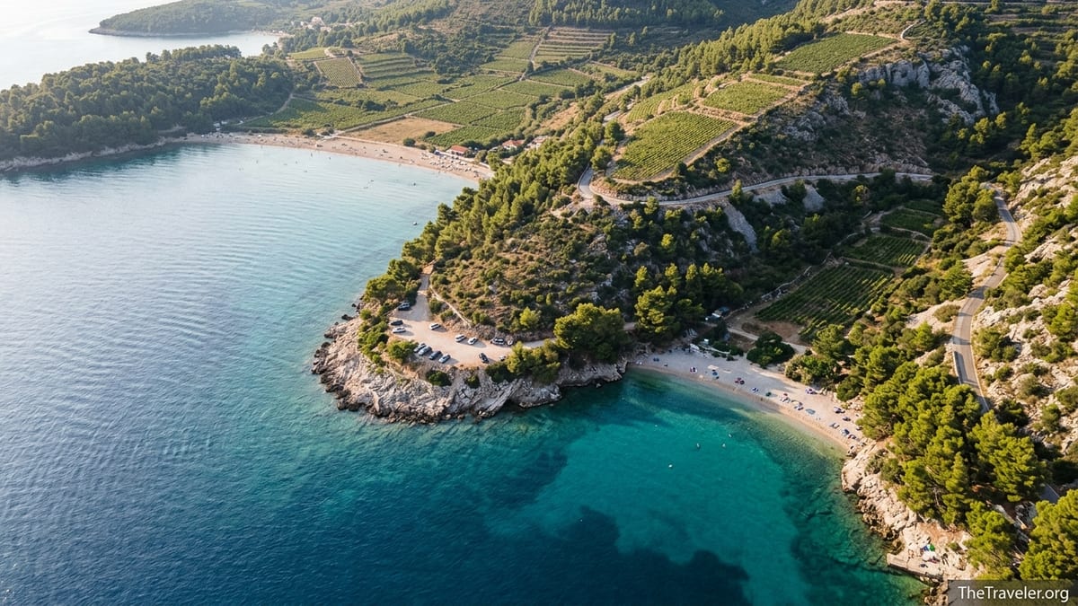 Aerial view of Korčula’s sandy Lumbarda bay and nearby pebble cove with clear turquoise water and pine covered slopes.