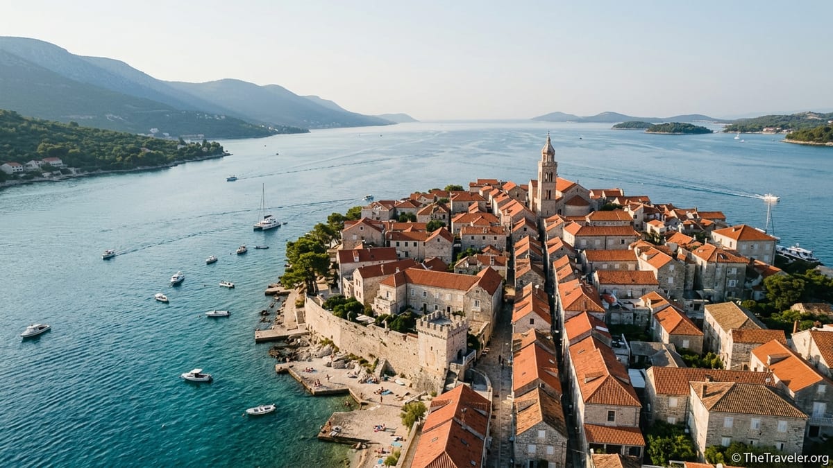 Korčula Old Town peninsula with red roofs and stone walls surrounded by calm turquoise sea at sunset.