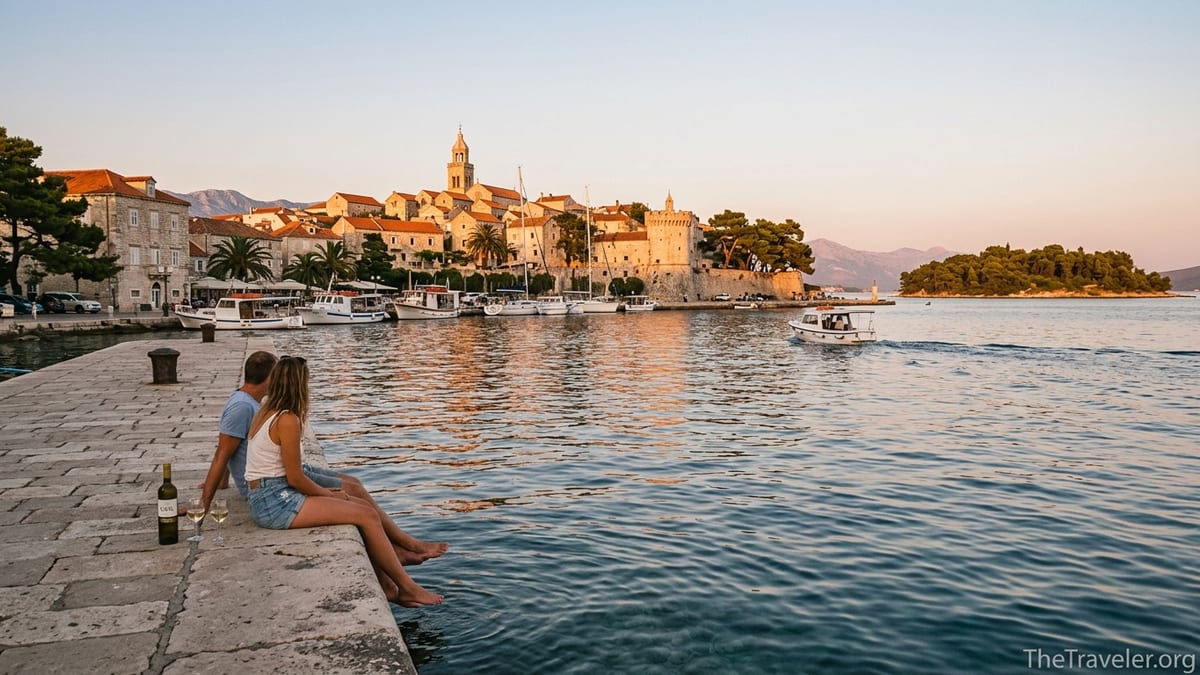 Korčula Old Town and nearby islets at golden hour with water taxi and travelers on a stone pier.