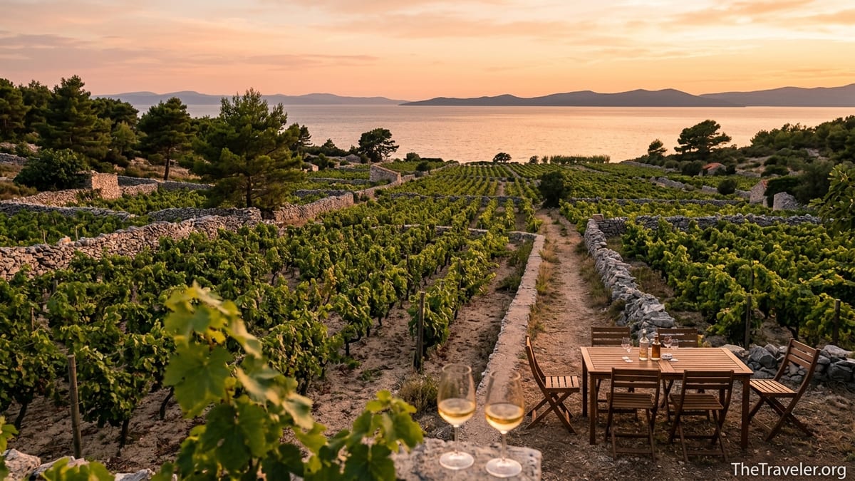 Sunset over Lumbarda vineyards on Korčula with glasses of white wine overlooking the Adriatic Sea.