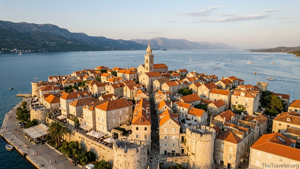 Aerial view of Korčula Old Town peninsula with cathedral tower and sea at sunset.