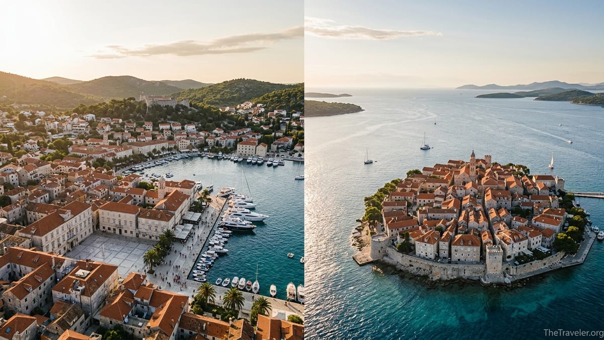 Aerial view comparing Hvar Town and Korčula Old Town on the Croatian coast at golden hour.