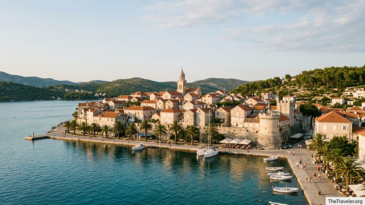 Korčula Town’s stone walls and terracotta roofs above a calm Adriatic harbor at golden hour.