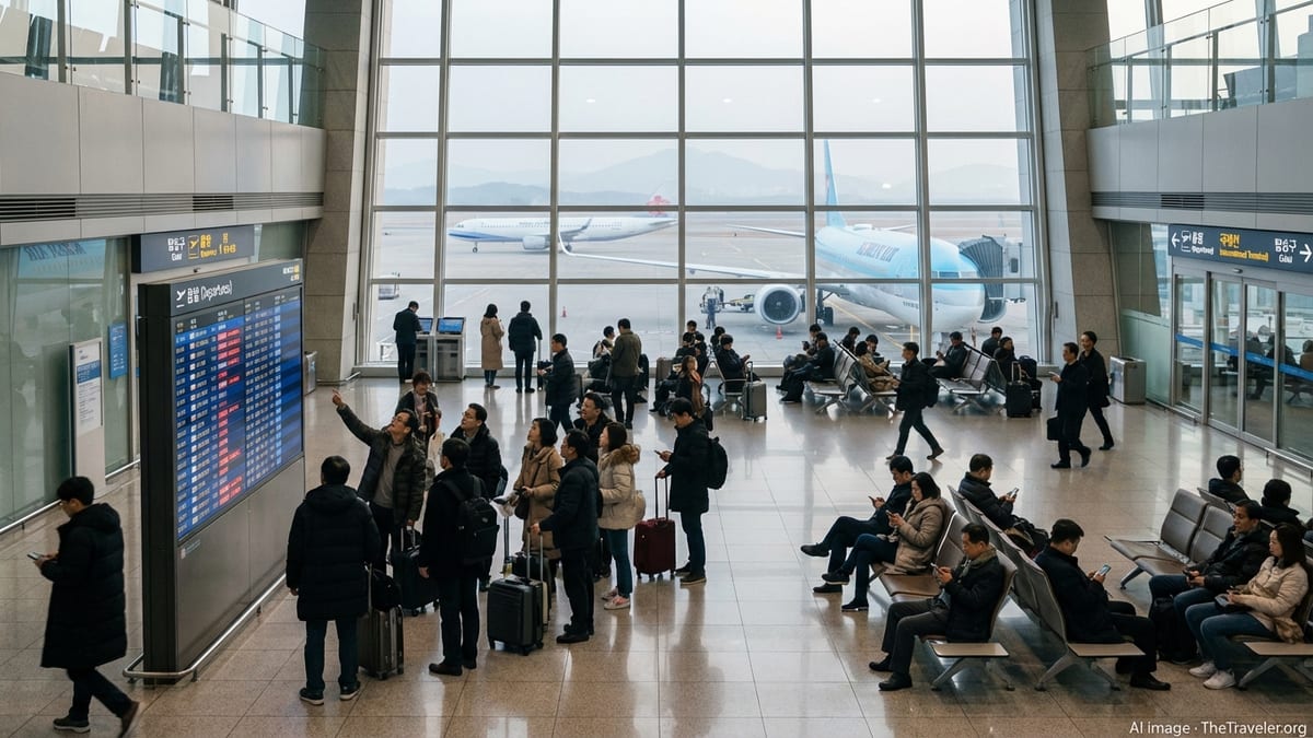 Travelers watch cancellation notices in a Korean airport terminal as Korean Air and China Airlines jets sit outside.