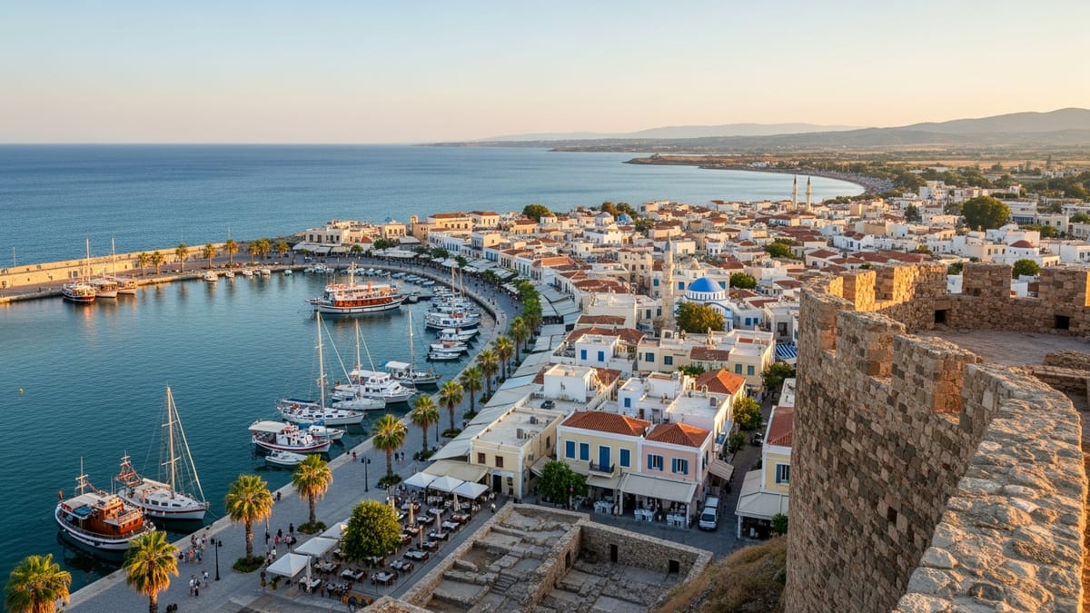 Golden-hour view of Kos Town's historic center, harbor, and Lambi Beach, with Neratzia Castle ruins in the foreground