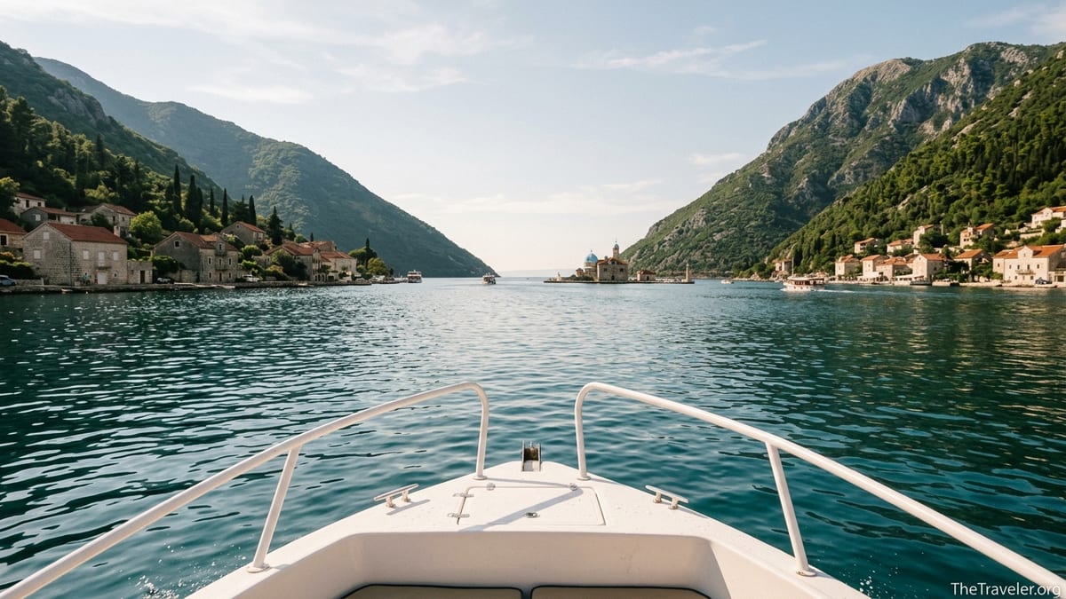Speedboat cruising through the Bay of Kotor toward Our Lady of the Rocks at sunset.