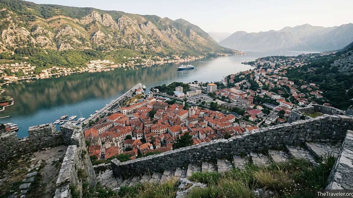 Sunrise view over Kotor Old Town and the Bay of Kotor from the fortress trail.
