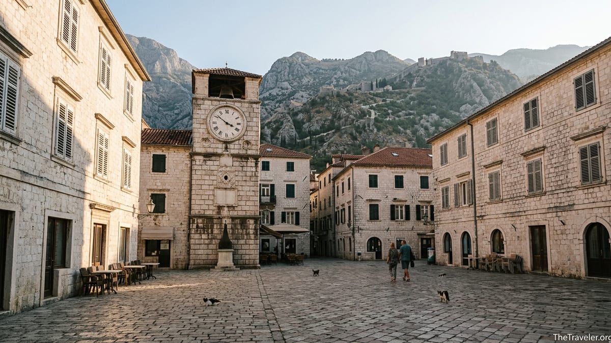 Sunrise over Kotor Old Town’s Sea Gate and stone square with clock tower and cats.