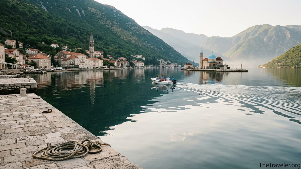 View of Perast and Our Lady of the Rocks island seen across the Bay of Kotor from Kotor waterfront