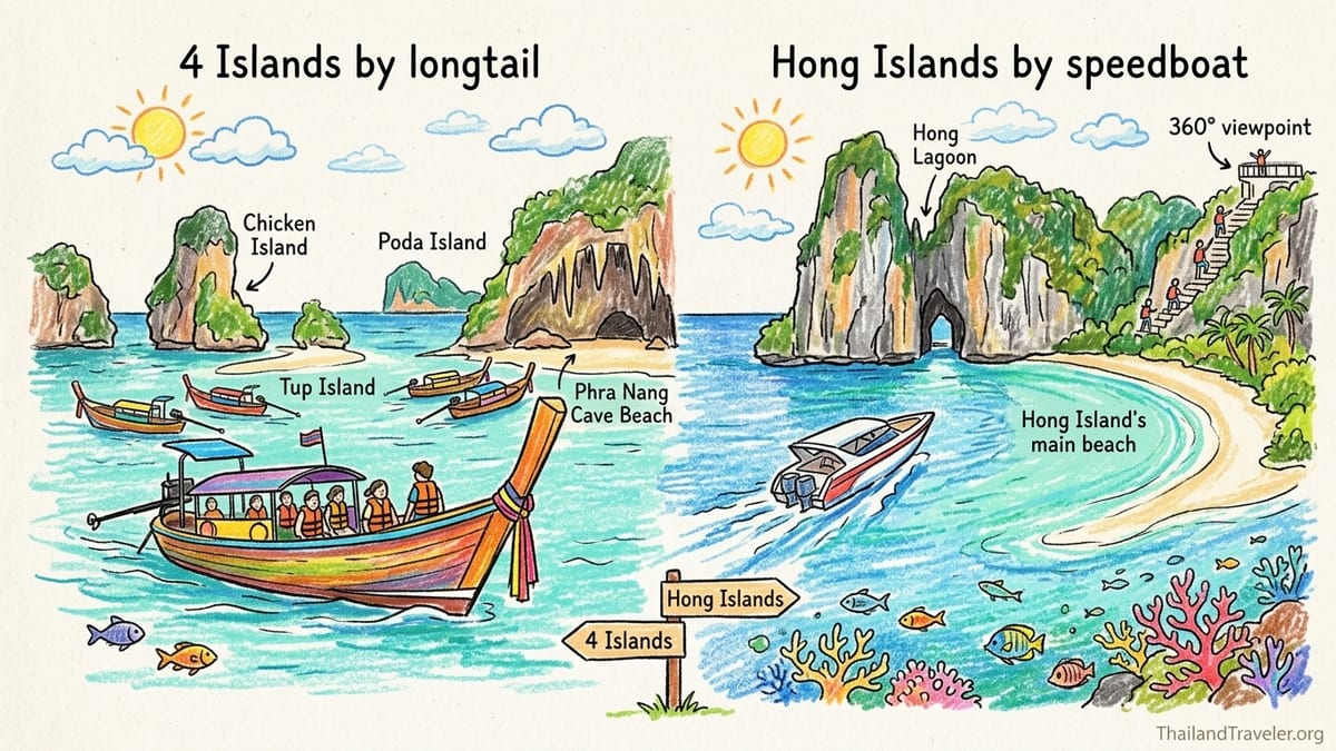 Aerial view of Krabi’s 4 Islands sandbar and Koh Hong bay with longtail and speedboats.