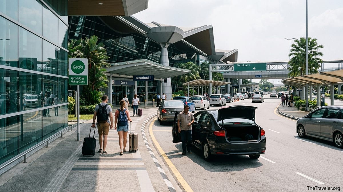 Travelers meeting a Grab car at the designated pickup lane at Kuala Lumpur International Airport.