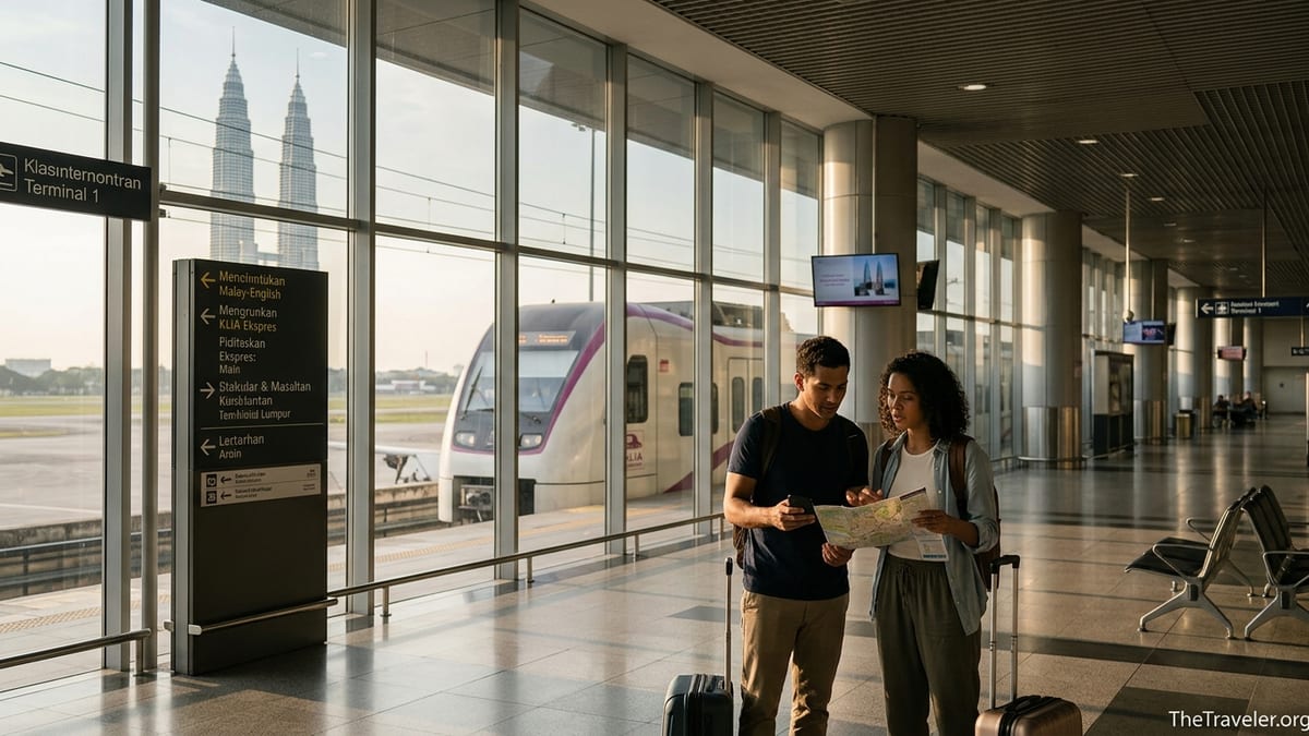 Travelers at Kuala Lumpur International Airport debating a city visit during a layover.