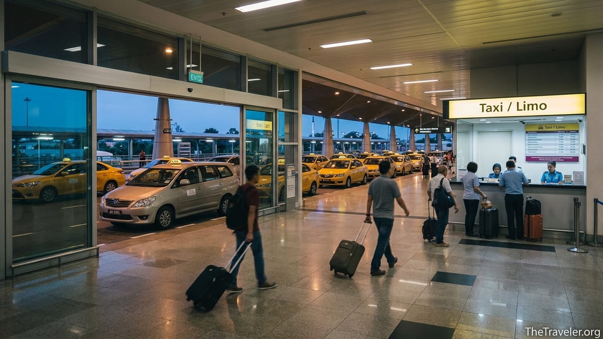 Passengers queue at official taxi counters and bays at Kuala Lumpur International Airport in the evening.