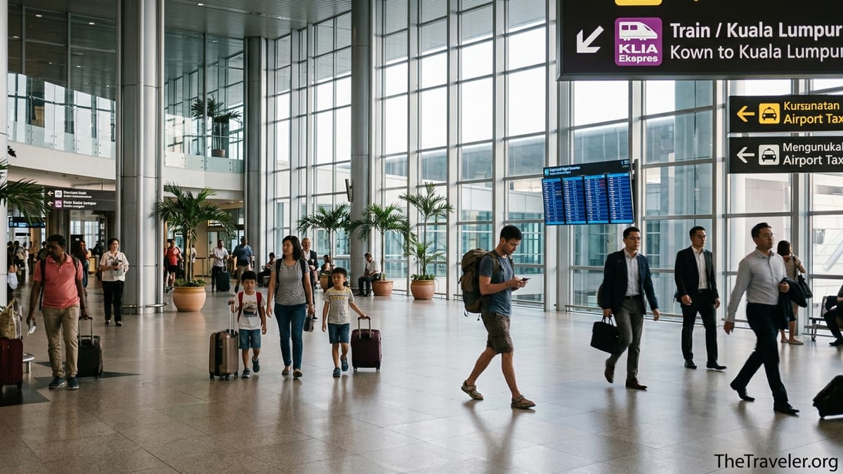 Travelers walking through Kuala Lumpur International Airport Terminal 1 departures hall with KLIA Ekspres signs visible.