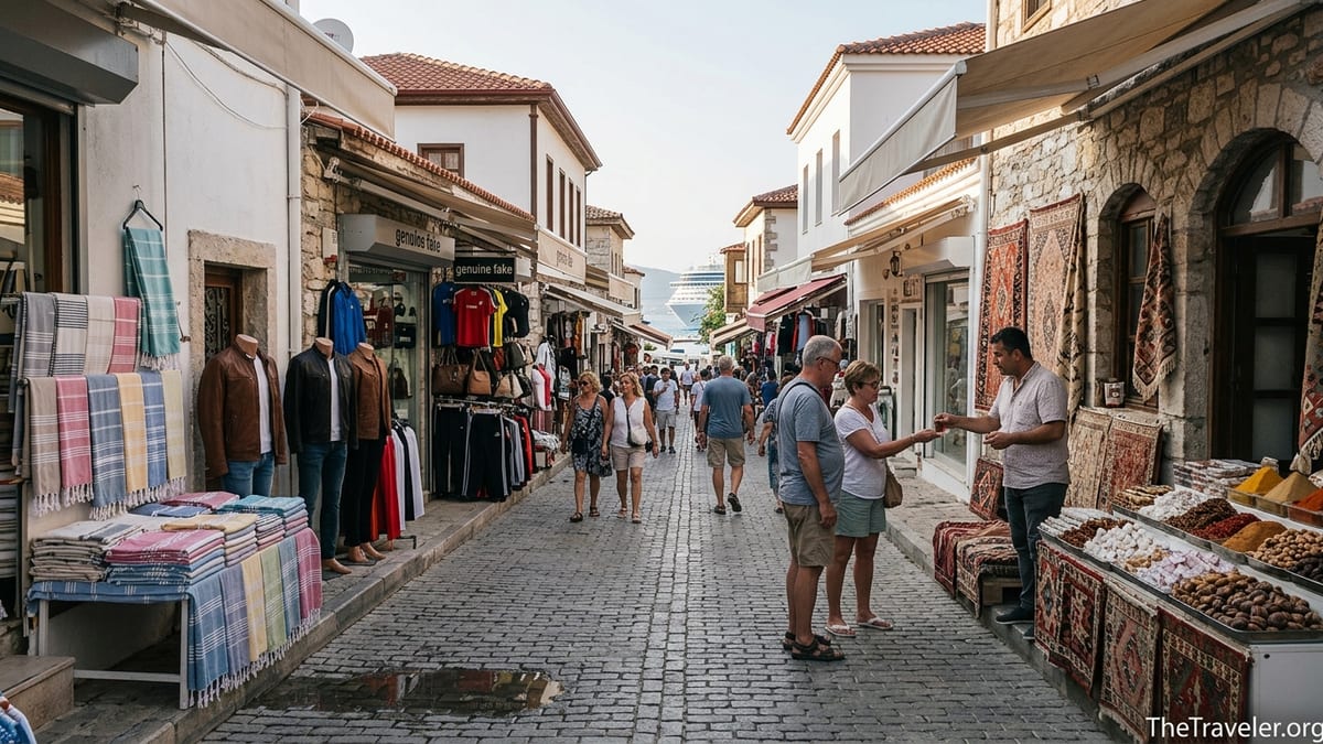 Cruise visitors browsing colorful leather and textile shops in Kusadasi’s Kaleici bazaar.