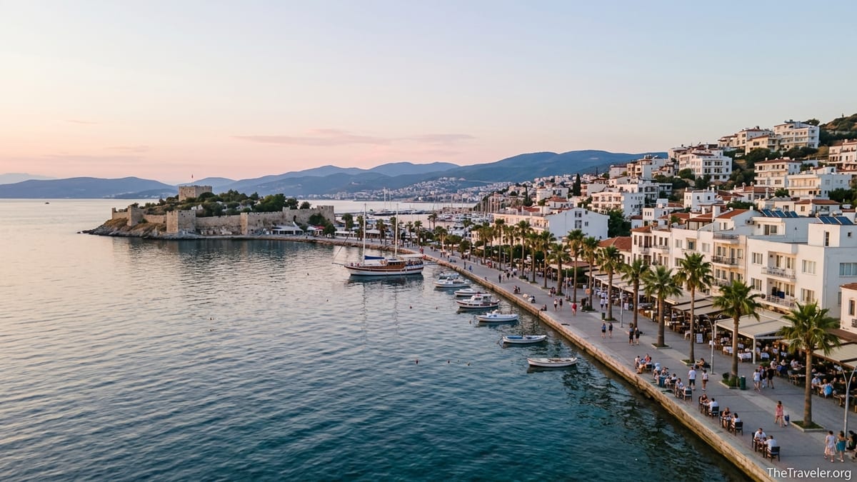 Sunset view of Kusadasi seafront with Pigeon Island fortress and marina along the Aegean coast.