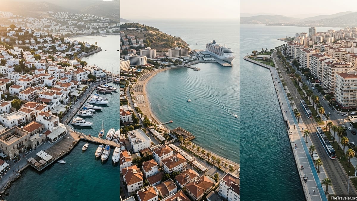 Aegean coastal towns of Kusadasi, Bodrum and Izmir seen from above at sunset.