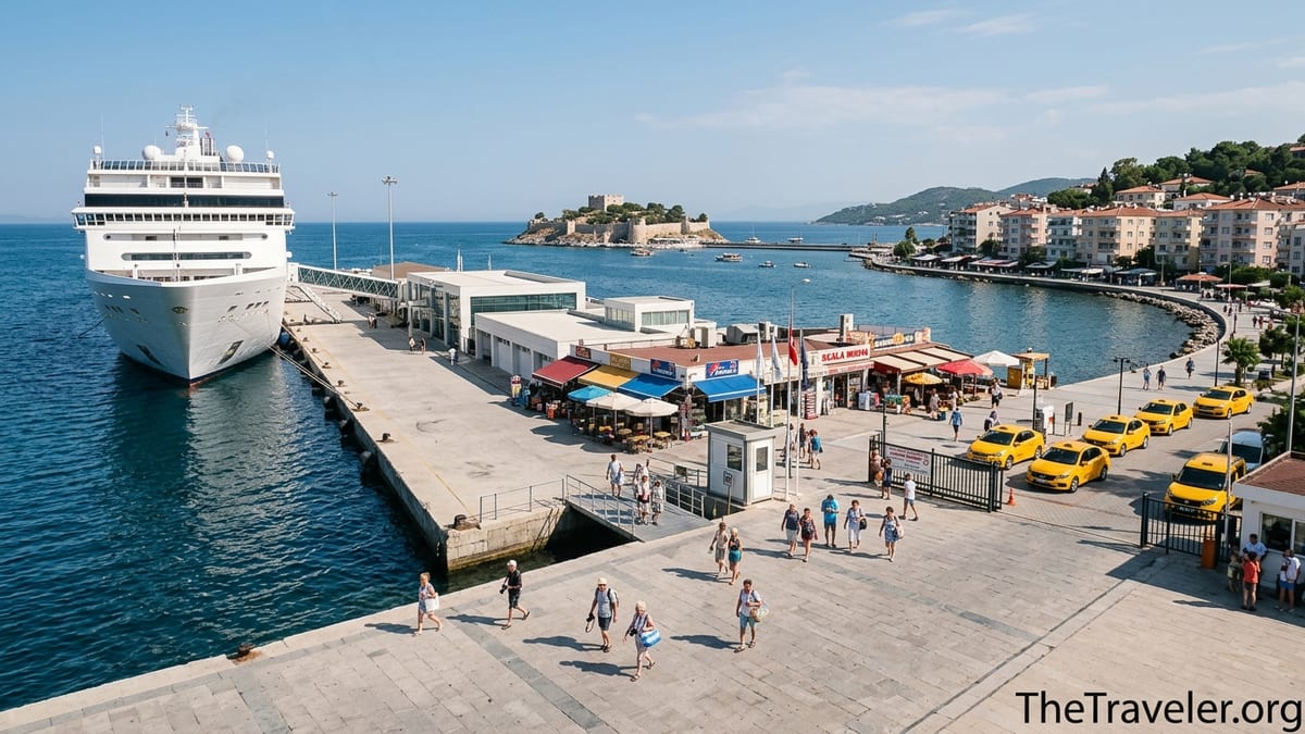 Cruise ship docked at Kusadasi Ege Port with passengers walking toward town along the seafront promenade.