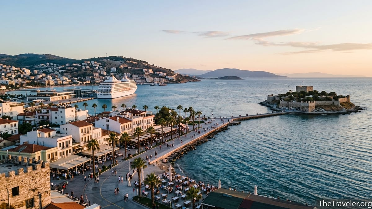 Aegean waterfront of Kusadasi at dusk with cruise ship, promenade and Pigeon Island fortress.