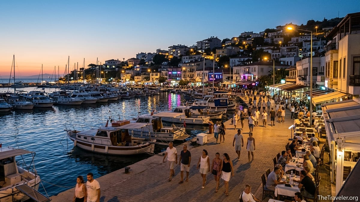 Evening view of Kusadasi marina and waterfront bars with people strolling by the sea.