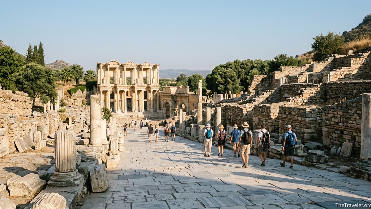 View down the marble street at Ephesus toward the Library of Celsus on a sunny morning.