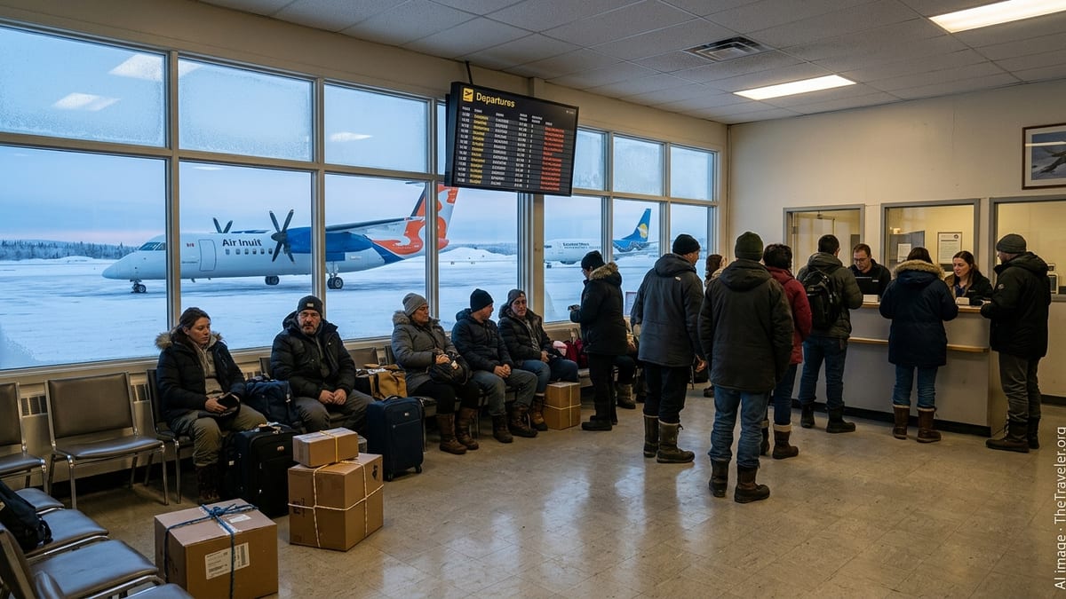 Passengers in winter clothing wait inside Kuujjuaq Airport as delayed planes sit on a snowy runway.