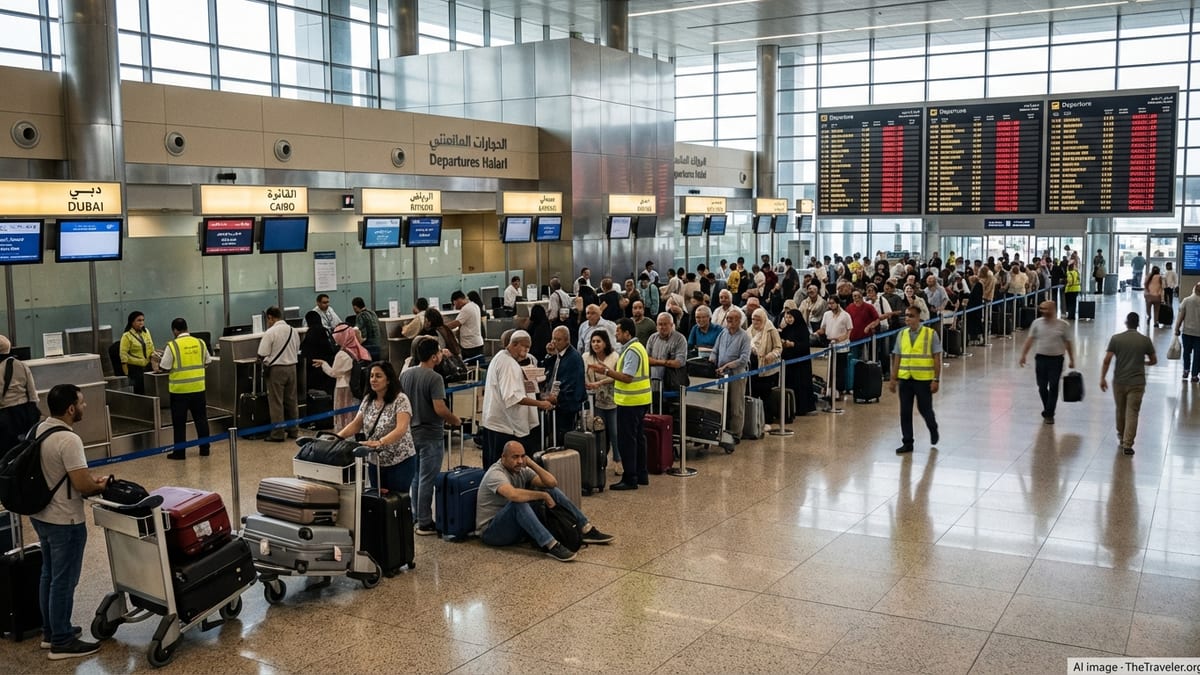Crowded Kuwait International Airport departures hall with long queues amid multiple flight cancellations.