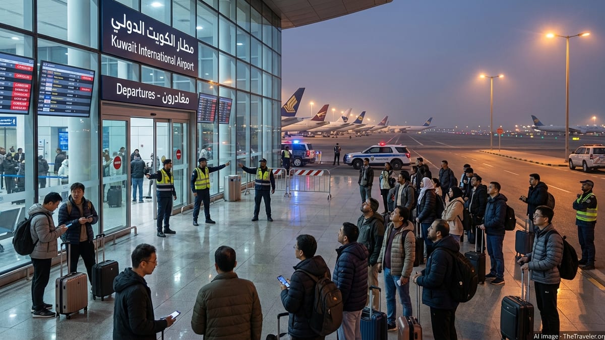 Travelers outside Kuwait International Airport during an emergency shutdown at dusk.